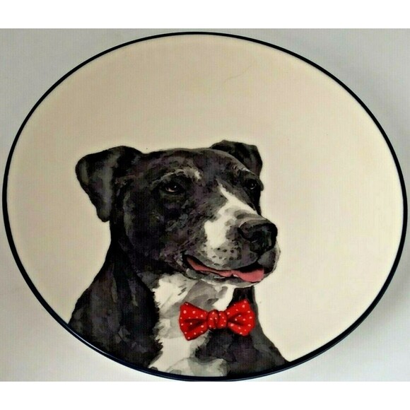 Black White Dog Puppy Bowtie Bistro Plate Sleigh Bells Realistic 7" Tan Red NWT - Picture 1 of 3